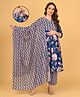 The Mom Store Cotton Woven Three Fourth Sleeves Floral Printed Maternity Kurti With Side Zipper Nursing Access With Pant & Dupatta Set - Navy Blue