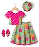Exclusive from Jaipur Cotton Woven Half Sleeves Floral Printed Choli Lahenga Dupatta Set with Cap & Booties - Dark Pink