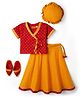 Exclusive from Jaipur Cotton Woven Half Sleeves Choli Lehenga With Cap & Mojaris with Floral Print - Red  & Yellow