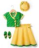 Exclusive from Jaipur Cotton Woven Half Sleeves Choli Lehenga With Cap & Mojaris with  Laheriya Print - Green & Yellow