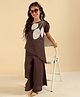 Bugandbees Cotton Flex Woven Half Sleeves Leaves Embroidered Top & Pants Set - Brown