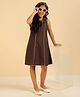 Bugandbees Cotton Woven Sleeveless Contrast Piping Embellished Dress - Brown