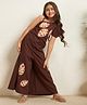 Bugandbees Cotton Flax Woven Half Sleeves Leaves Embroidered & Floral Printed Top & Pants Set - Brown
