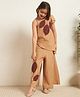 Bugandbees Cotton Flax Woven Half Sleeves Leaves Embroidered & Floral Printed Top & Pants Set - Beige