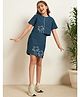 Bugandbees Cotton Poplin Woven Half Sleeves Tree Embroidered Top & Skort Set - Teal Blue