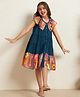 Bugandbees Cotton Flax Woven Sleeveless Floral Printed Tiered Shirt Style Dress - Teal Blue