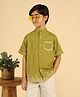 Bugandbees Cotton Flax Woven Half Sleeves Lace Embroidered Shirt - Olive Green