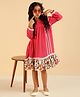 Bugandbees Cotton Woven Full Sleeves Lace Embellished & Floral Printed Dress - Pink