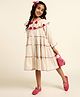Bugandbees Cotton Flax Woven Three Fourth Peasant Sleeves Pom Pom Embellished Tiered Shirt Style Dress - Off White