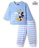 Babyhug Disney Single Jersey Knit Full Sleeves T-Shirt & Striped Pyjama Night Suit With Mickey Mouse Graphic - Light Blue