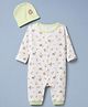 Babyhug 100% Cotton Knit Full Sleeves Animal Printed Romper With Cap - White