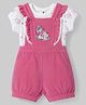 ToffyHouse Cotton Knit Dungaree & Half Sleeves Inner Tee with Unicorn Embroidery & Print - Pink