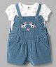 ToffyHouse Cotton Knit Dungaree & Half Sleeves Inner Tee with Unicorn Print & Embroidery - Blue