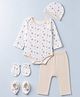 Babyhug 100% Cotton Knit Full Sleeves House Printed Onesie With Leggings & Cap Mittens & Booties Set - White & Beige