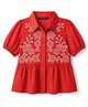 Pine Kids Woven Half Sleeves Peplum Top With Floral Embroidered Detail - Red