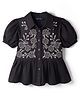 Pine Kids Rayon Woven Half Sleeves Peplum Top with Floral Embroidered Details - Black