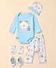 Babyhug 100% Cotton Interlock Knit Full Sleeves Animal Printed Onesies with Leggings & Cap Mittens and Booties - Light Blue