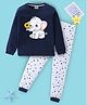 BLUSHES Cotton Knit Full Sleeves Elephant & Floral Printed Tee & Pajama Night Suit - Navy Blue