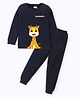 BLUSHES Cotton Knit Full Sleeves Giraffe Printed Tee & Pajama Night Suit - Navy Blue