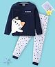 BLUSHES Cotton Knit Full Sleeves Cat Printed Tee & Pajama Night Suit - Navy Blue