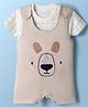 First Smile Interlock Knit Dungaree Style Romper With Bear Embroidery & Half Sleeves Checks T-Shirt - Ivory