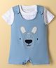 First Smile Interlock Knit Dungaree Style Romper With Bear Embroidery & Half Sleeves Checks T-Shirt - Blue