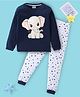 BLUSHES Cotton Knit Full Sleeves Giraffe Printed Tee & Pajama Night Suit - Navy Blue