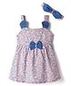 Dew Drops Cotton Woven Sleeveless Floral Printed & Bow Applique Frock With Headband - Peach