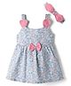 Dew Drops Cotton Woven Sleeveless Floral Printed & Bow Applique Frock With Headband - Light Blue