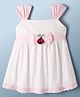 Dew Drops Cotton Woven Sleeveless Polka Dots Printed Frock With Caterpillar Applique - Pink