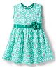 Dew Drops Cotton Woven Sleeveless Hearts Printed Frock With Floral Applique - Sea Green