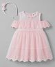 ToffyHouse Cotton Knit Cold Shoulder Party Dress With Headband & Floral Lace Detailing - Pink