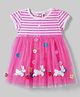 ToffyHouse Cotton Knit Half Sleeves Striped Party Frock With Bunny & Floral Applique - Pink