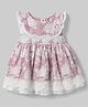 ToffyHouse Cotton Knit Sleeveless Party Dress With Floral Print & Lace Detailing - Pink & White