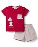 Ollypop Interlock Knit Half Sleeves Bear Embroidered T-Shirt & Shorts Set With Patch - Red