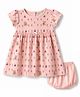 Ollypop Interlock Knit Half Sleeves Floral Cherry & Bear Printed Frock With Bloomer & Bow Applique - Peach