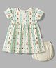 Ollypop Interlock Knit Half Sleeves Floral Cherry & Bear Printed Frock With Bloomer & Bow Applique - Cream