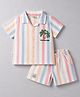 Ollypop Linen Woven Half Sleeves Shirt & Shorts Co-ord Night Suit with Tree Embroidery - Multicolor