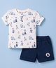 First Smile Interlock Knit Half Sleeves Henley Neck T-Shirt & Shorts Set With Bear & Boat Print - Navy Blue & White