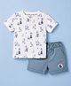 First Smile Interlock Knit Half Sleeves Henley Neck T-Shirt & Shorts Set With Bear & Boat Print - Blue & White
