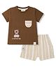 Ollypop Interlock Knit Half Sleeves Lion Embroidered & Striped T-Shirt & Shorts Set With Patch- Brown