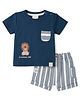 Ollypop Interlock Knit Half Sleeves Lion Embroidered & Striped T-Shirt & Shorts Set With Patch- Navy Blue