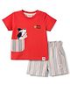 Ollypop Interlock Knit Puppy Embroidered & Striped T-Shirt & Shorts Set With Patch - Red