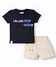 Ollypop Sinker Knit Half Sleeves T-Shirt & Shorts Set With Text Print - Navy Blue