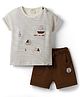 Ollypop Interlock Knit Half Sleeves Striped T-Shirt & Diaper Shorts Set with Boat Patch & Embroidery - Cream & Brown