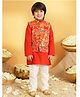 AJ Dezines Cotton Woven Full Sleeves Solid Kurta & Pyjama With Village Theme Printed Jacket Set - Red