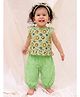 BownBee Pure Cotton Woven Sleeveless Lion Printed Top & Salwar Set With Hair Band - Green