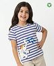 Pranava Organic Cotton Interlock Knit Knit Half Sleeves Striped & Elephant Embroidered Top - Blue