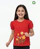 Pranava Organic Cotton Woven Half Puffed Sleeves Floral Embroidered Top - Red