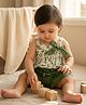 Pranava Organic Cotton Knit Sleeveless Leaf Printed & Bow Applique Detailed Top & Shorts Set - Green